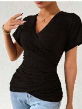 SHEIN Black Short-Sleeve Wrap Ruched Blouse